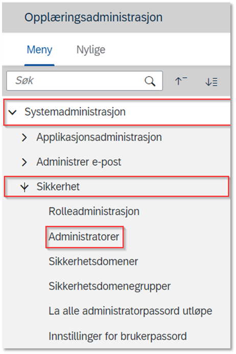 Bildet viser meny for navigering til administrator