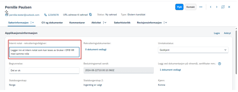 bilde som viser hvor man legger inn et internt notat