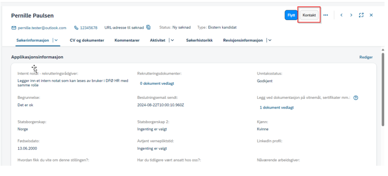 bilde av hvor rekrutteringsrådgiver klikker for å sende e -post via meldinggssenter
