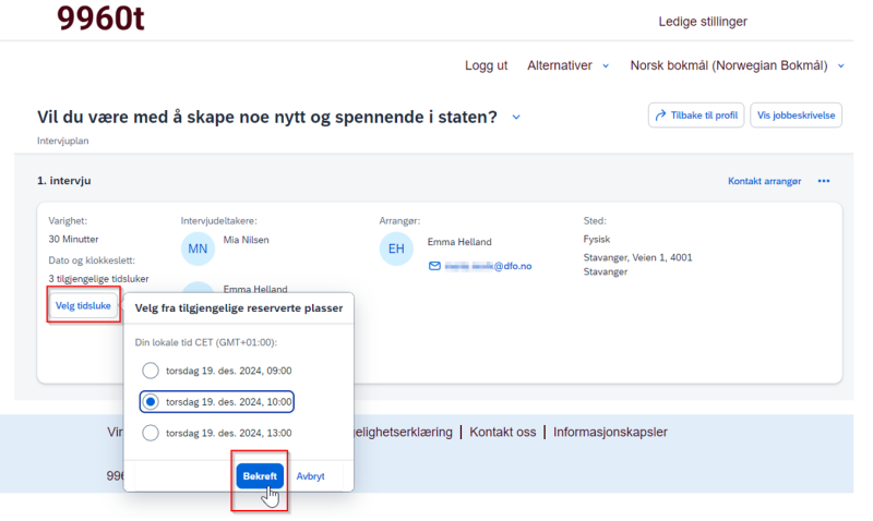 Bilde som viser hvordan kandidater bekrefter tidspunkt i din kandidatprofil. 