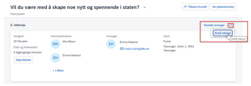 BIlde som viser hvor kandidat klikker for å avslå intervjuet. 
