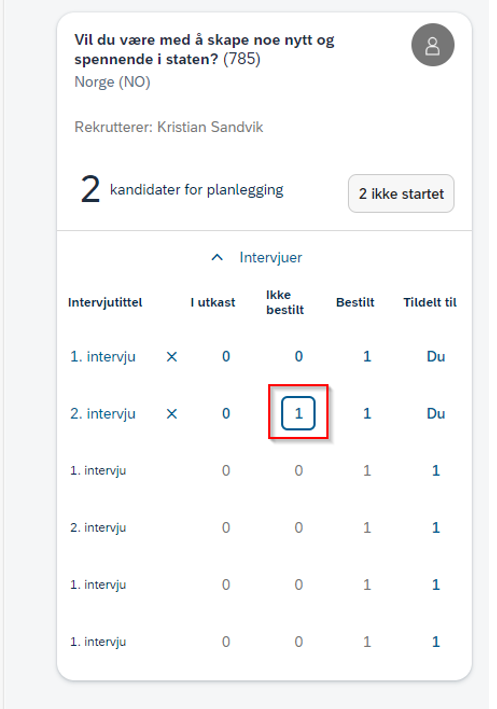 Bildet viser hvordan arrangør velger intervjuet som skal behandles. 