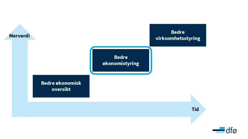 Graf som illustrerer at jo mer verdi og tid man legger i informasjon fra regnskapet, jo bedre økonomisk oversikt, bedre økonomistyring og bedre virksomhetsstyring vil man få. Fokus i grafen er på bedre økonomistyring.