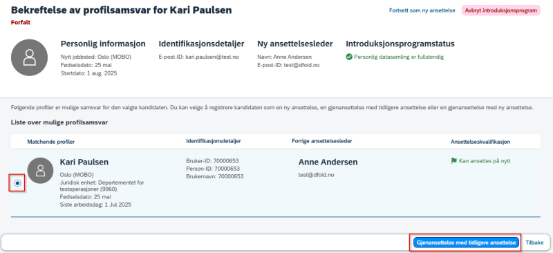 Gjenansettelse med tidligere ansettelse