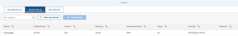 bildet viser fanen feilretter i ny innkurv
