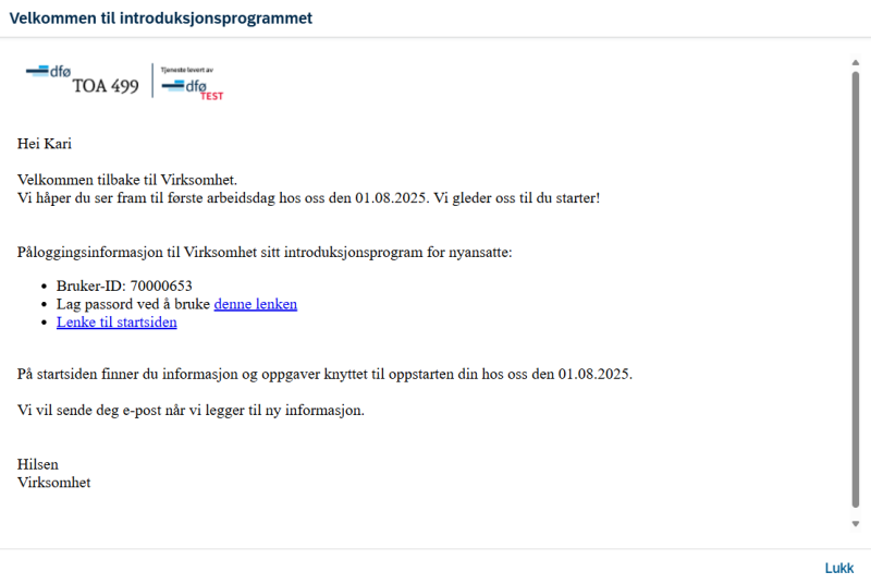 Ny velkomst e-post til onboardee
