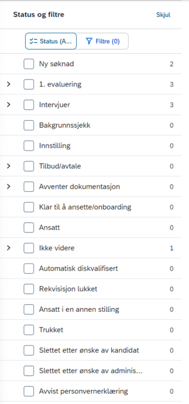 Bildet viser oversikt over alle statusfelt i kandidathåndtering. 