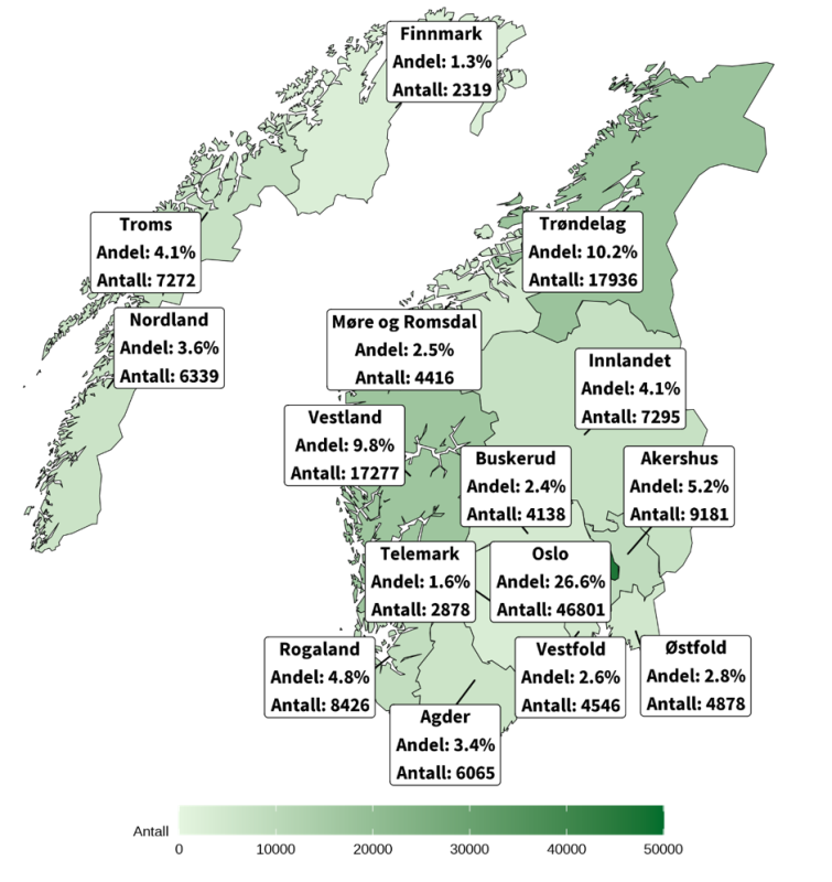 Bilde av Norge inndelt i fylker med andel og antall ansatte i statsforvaltningen i 2024. 