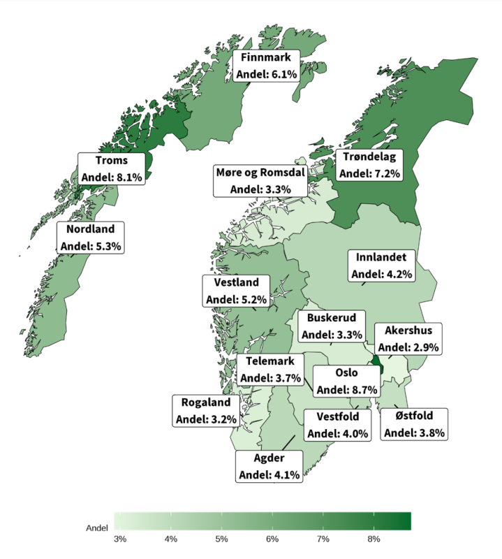 Bilde av Norge inndelt i fylker med antall arbeidsforhold i statsforvaltningen i 2024. 