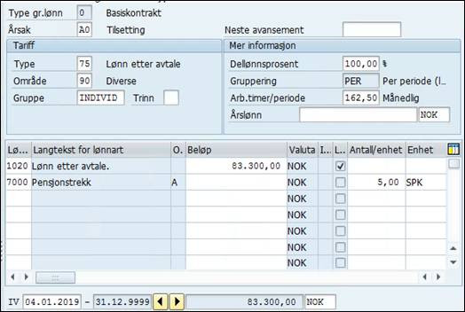 Bildet viser skjermbilde fra SAP fra infotype 8