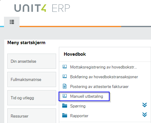 Menypunkt Hovedpunkt - Manuell utbetaling