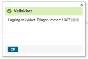 Pop-up viser at lagring var vellykket, med bilagsnummer