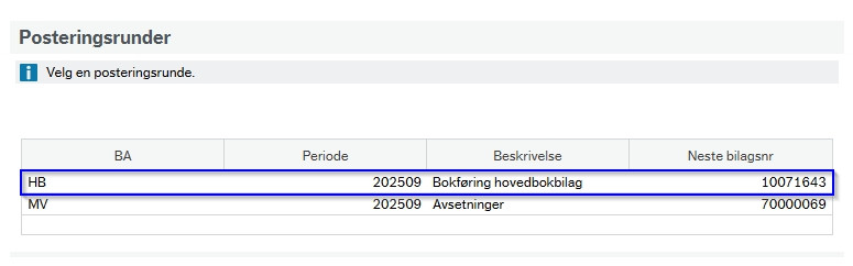 Eksempelet viser valgt posteringsrunde Bokføring hovedbokbilag