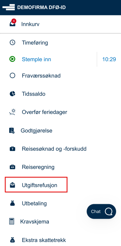 Bildet viser utgiftsrefusjon i DFØ appen