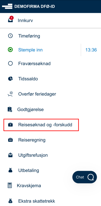 Bildet viser reisesøknad i DFØ-app