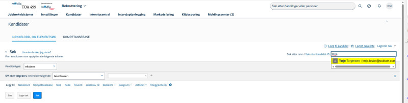 Bildet viser hvordan du kan søke etter kandidat i kandidatdatabasen.