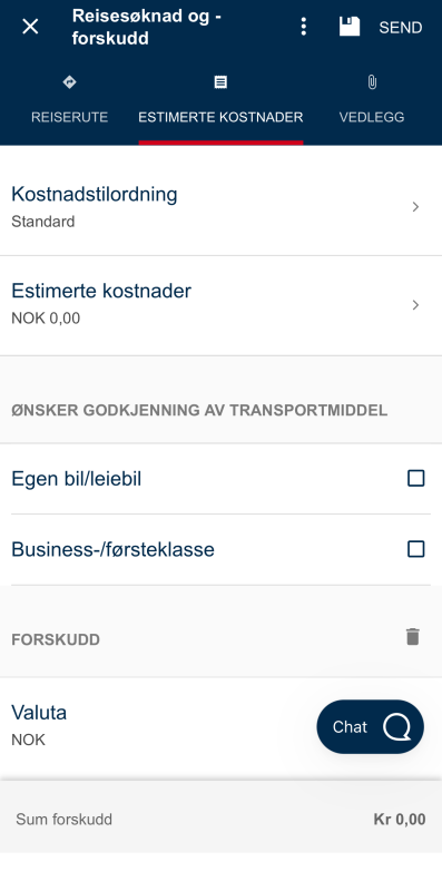 Bildet viser utfylling av estimerte kostnader del 1