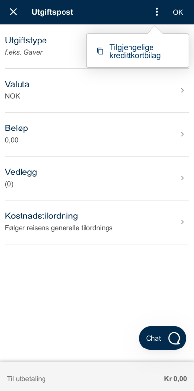 Bildet viser tilgjengelige kredittkorttransaksjoner