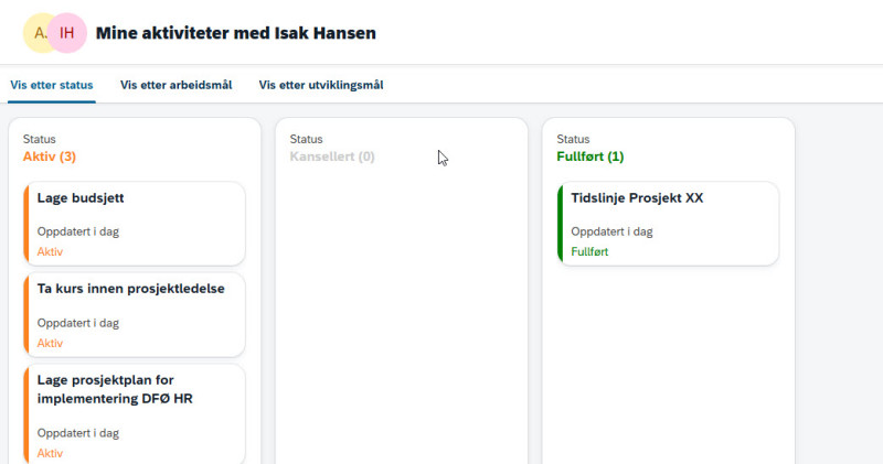 Skjermbilde fra DFØ HR Medarbeideroppfølging, oversiktsbilde for medarbeider uten lederansvar