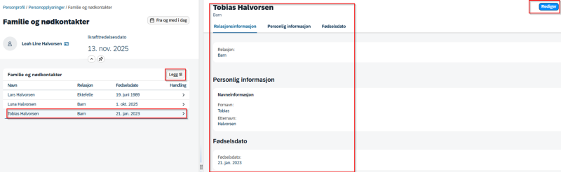 familie og nødkontakter