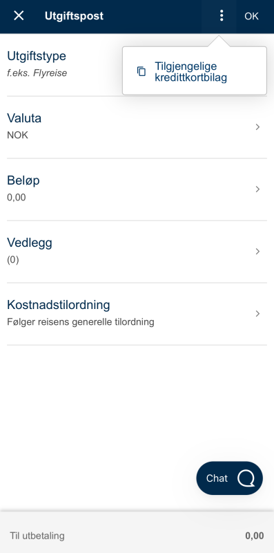 Bildet viser tilgjengelige kredittkorttransaksjoner