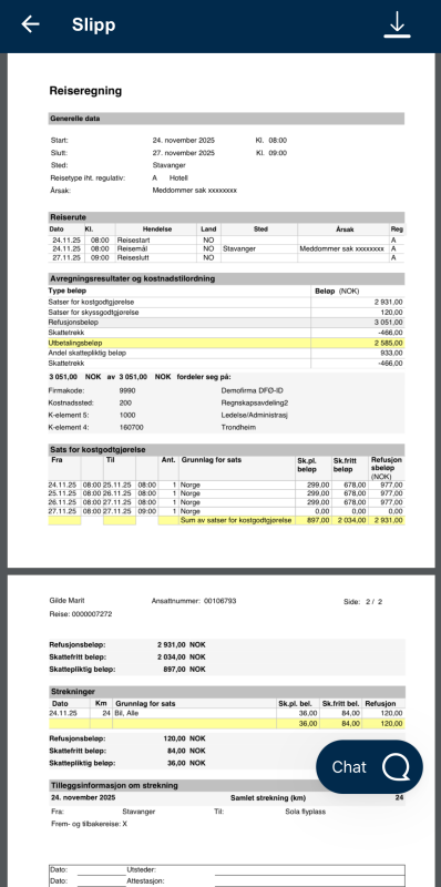 Bildet viser reiseslipp i DFØ app
