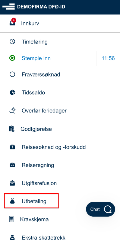 Bildet viser meny i DFØ-app