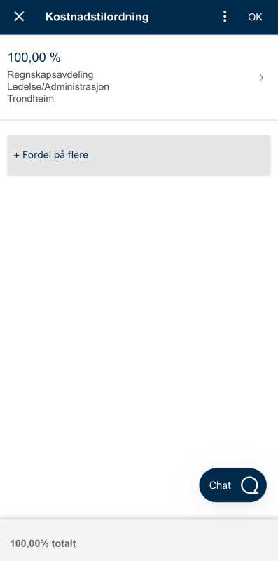 Bildet viser kostnadstilordning i DFØ appen