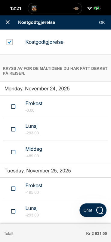 Bildet viser kostgodtgjørelse
