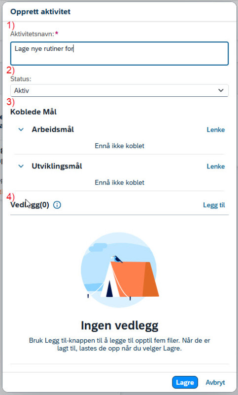 Skjermbilde fra DFØ HR Medarbeideroppfølging, opprett aktivitet