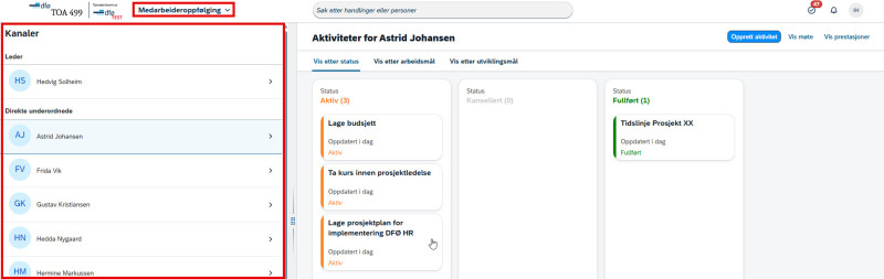 Skjermbilde fra DFØ HR Medarbeideroppfølging, aktive kanaler og aktiviteter per person