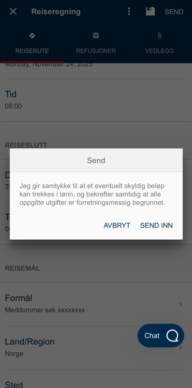 Bildet viser innesending av reiseregning