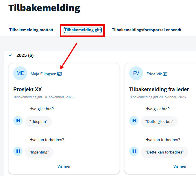 Skjermbilde fra DFØ HR Medarbeiderutvikling, tilbakemelding, tilbakemelding gitt
