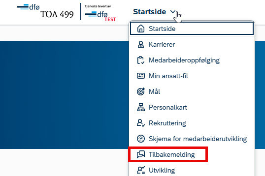 Skjermbilde fra DFØ HR Medarbeiderutvikling, tilbakemelding, startmenyen