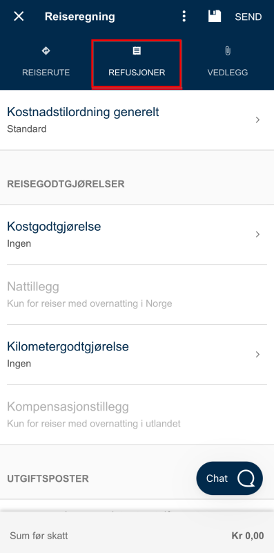Bildet viser refusjoner øverst på skjermen