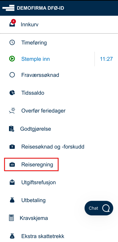 Bildet viser reiseregning i menyen i DFØ app