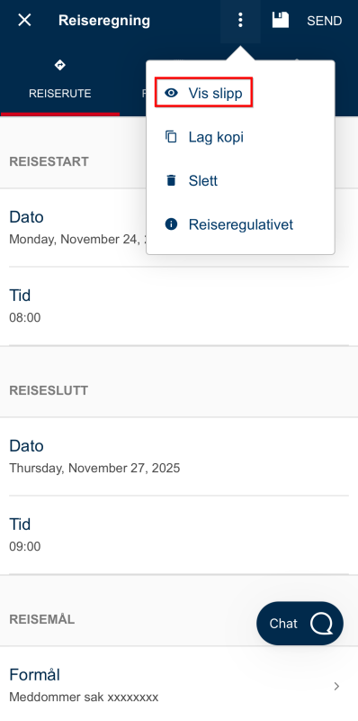 Bildet viser valget vis slipp i DFØ app