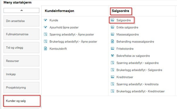 Menypunkt salgsordre web