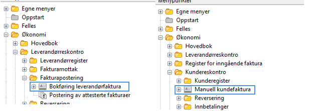 Viser menypunktene som kan brukes