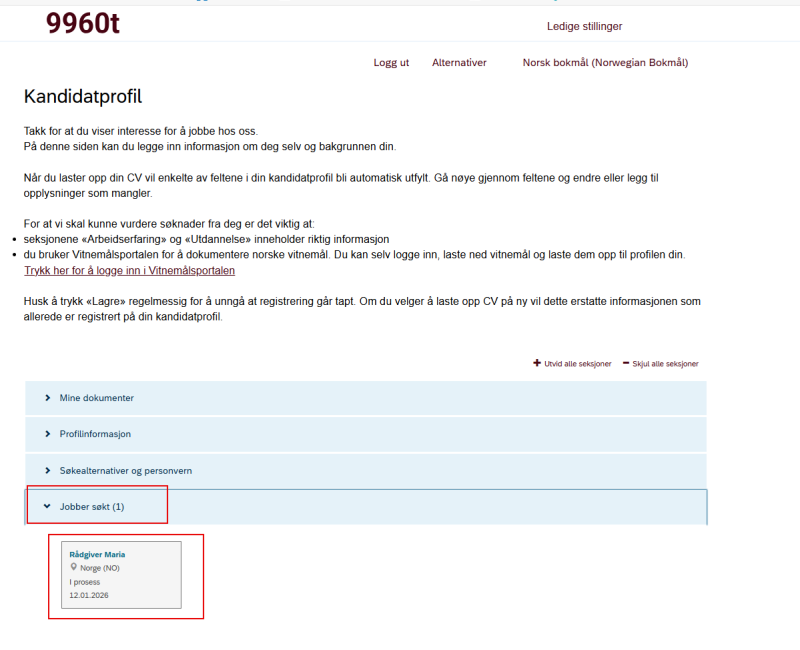 Bildet som viser hvor kandidaten finner "jobbspesifikk informasjon". 