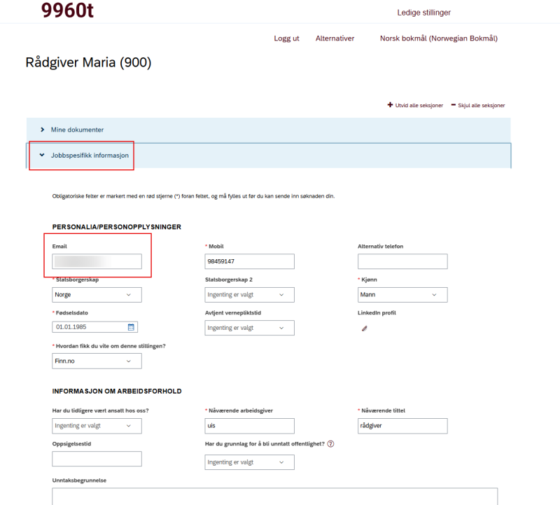 Bildet som viser hvor e-posten skal endres. 