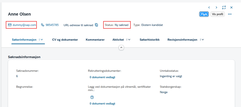 Bilde som viser e-post knyttet til søknaden