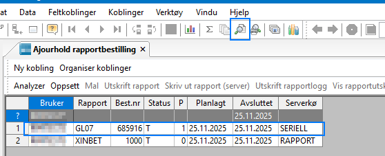 Viser Ajourhold rapportbestilling