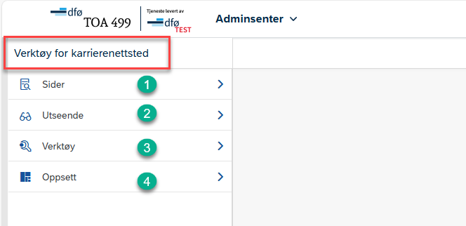 Bildet viser de fire seksjonene under Verktøy for karrierenettsted