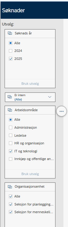Bildet viser flere utvalg som kan velges.