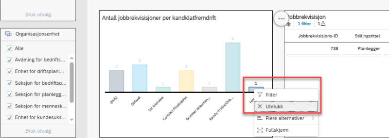 Bildet viser boksen med valget utelukk som kommer frem når man har valgt verdi.