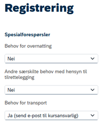 Bildet viser Registrering spesialforespørsler