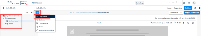 Bildet viser valget Legg til side under Sidealternativ