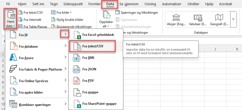 Bildet viser menyvalgene i Excel
