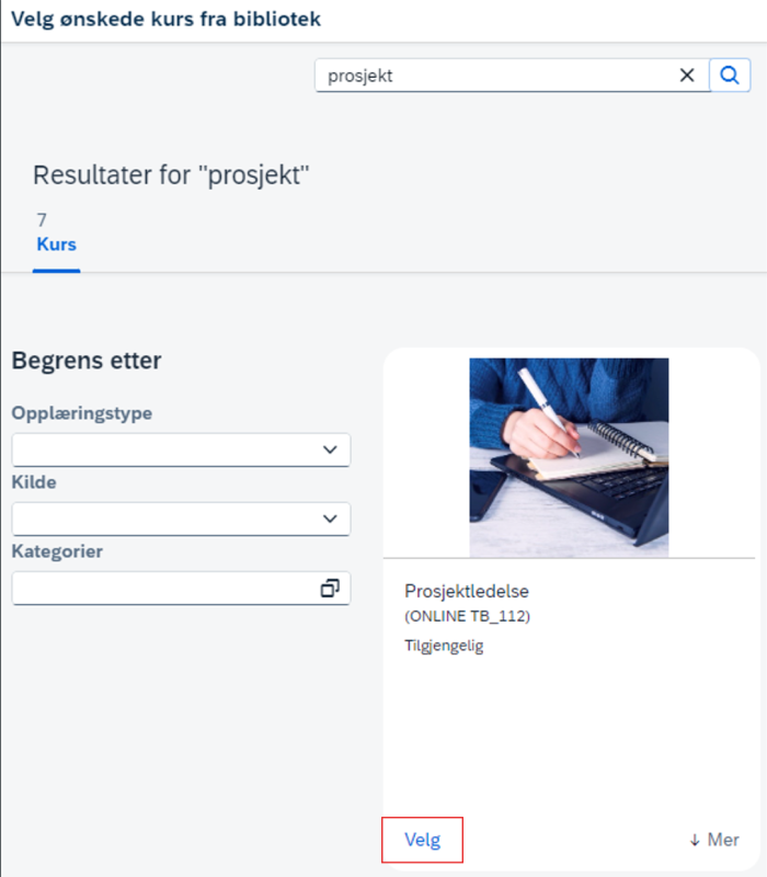 Bildet viser knappen Velg under Velg eksisterende kurs fra bibliotek.